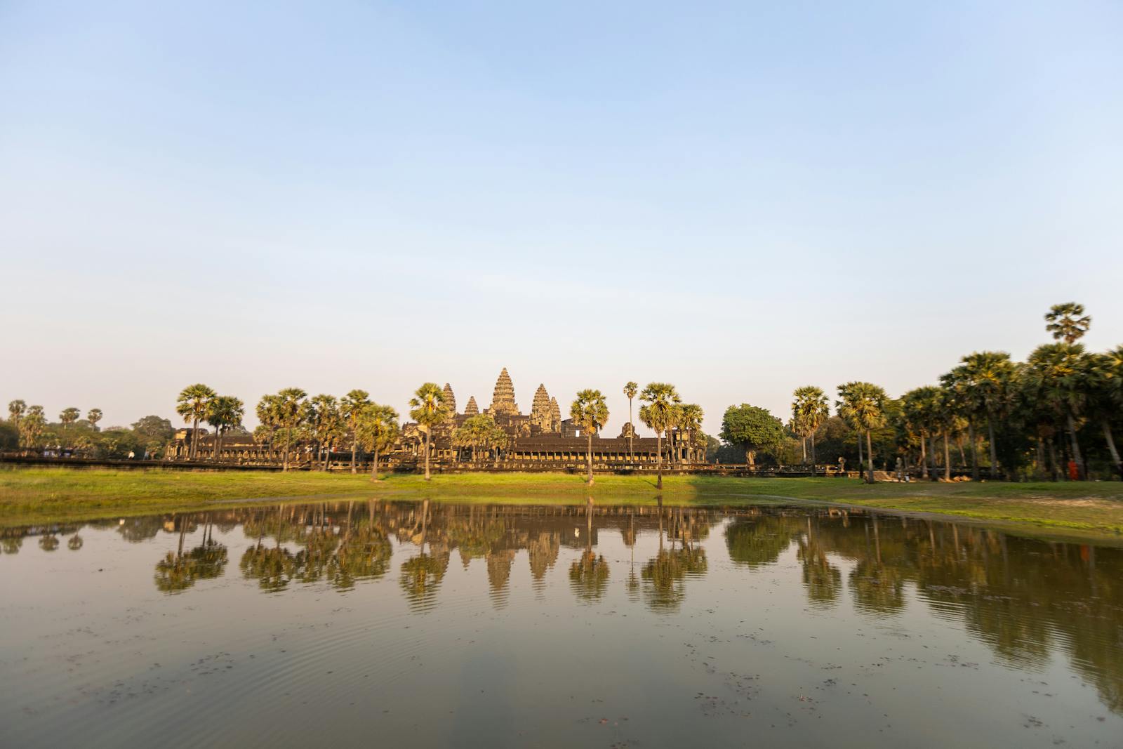 Temple Angkor Wat reflété dans un bassin au lever du soleil avec palmiers, Cambodge