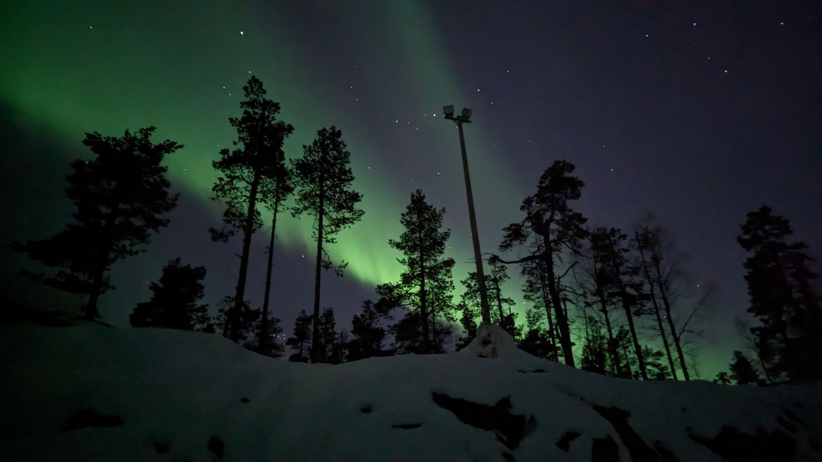 Aurore boréale verte au-dessus d'une forêt enneigée à Sirkka, en Laponie