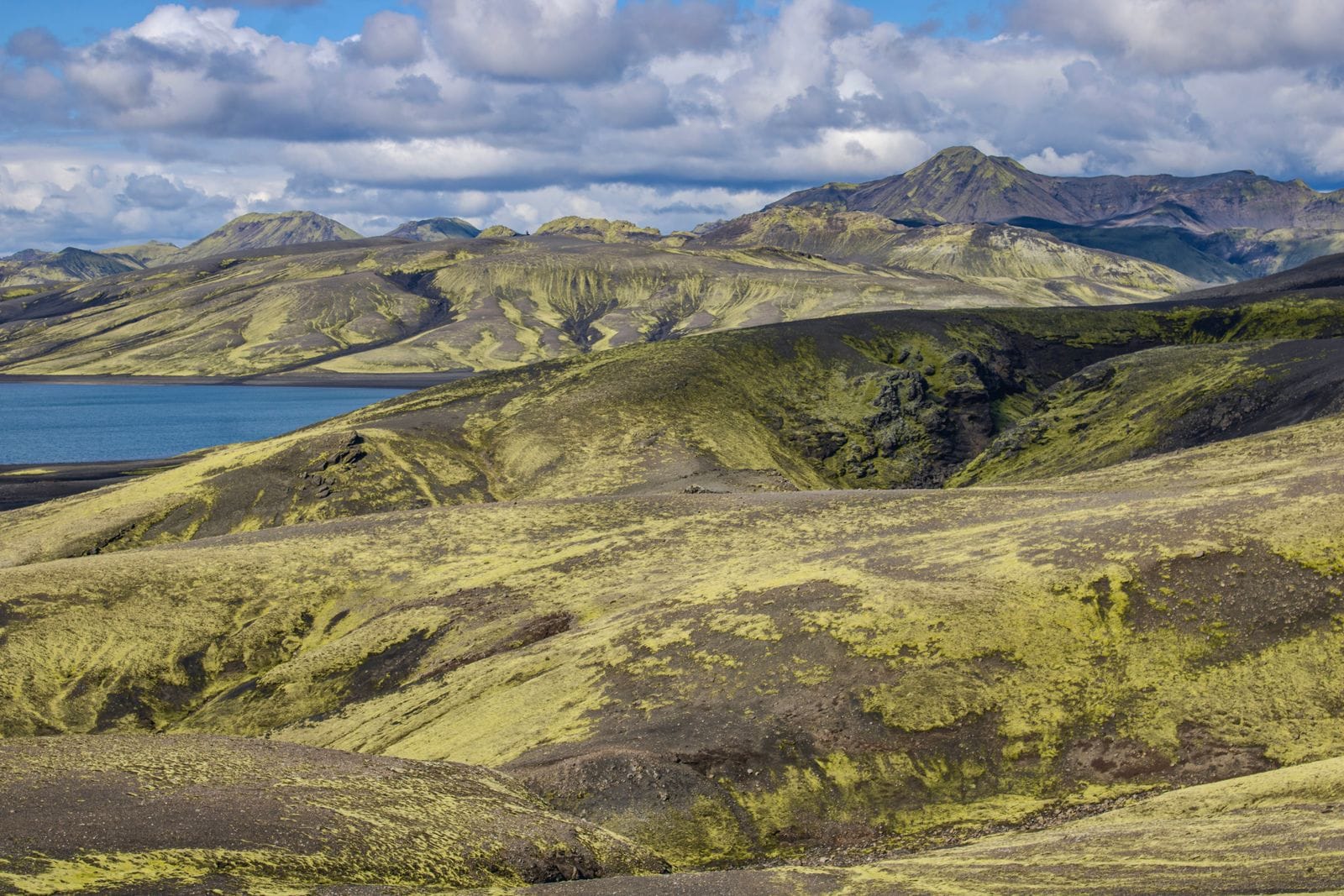 Paysage volcanique du sud de l'Islande avec lac et collines de mousse