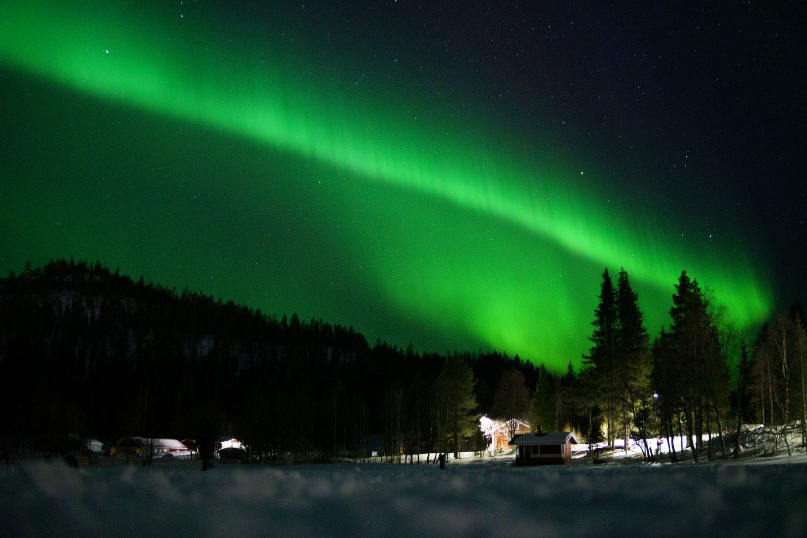 Aurores boréales au-dessus d'une forêt enneigée en Laponie finlandaise