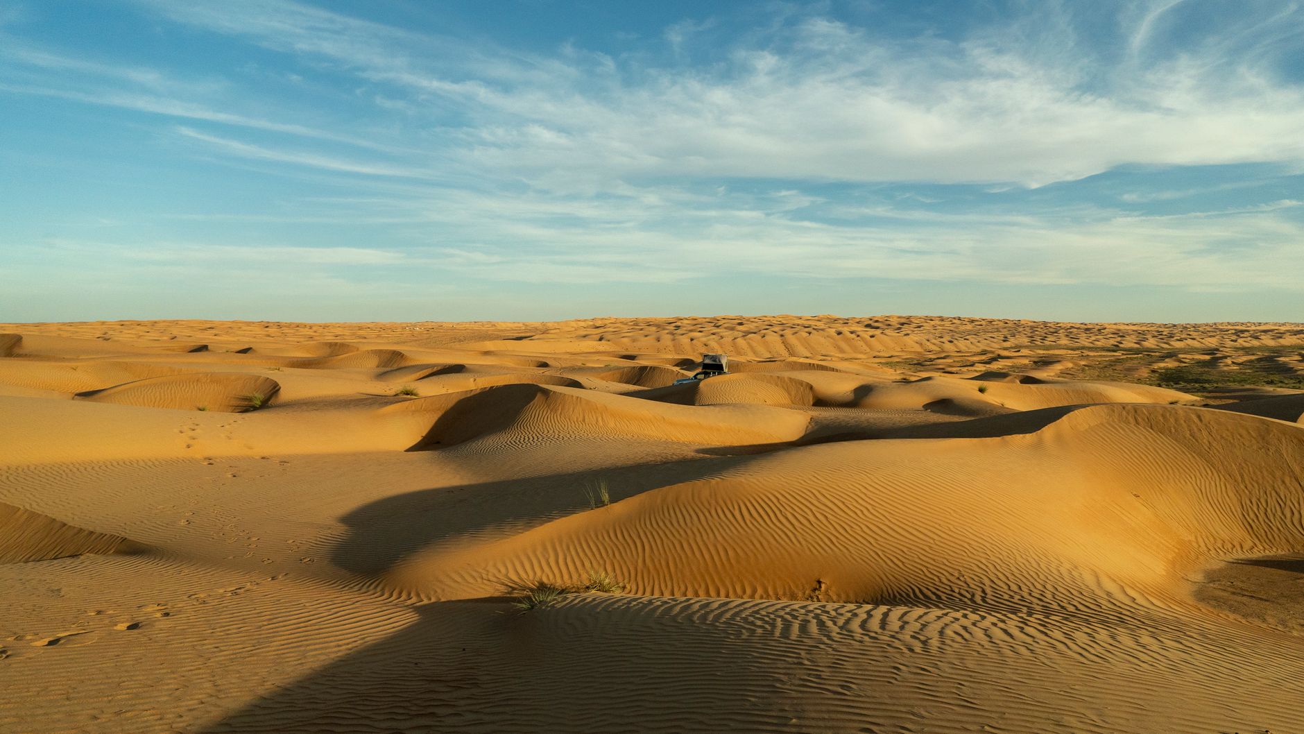 Vastes dunes dorées sous un ciel bleu dans le désert d'Oman