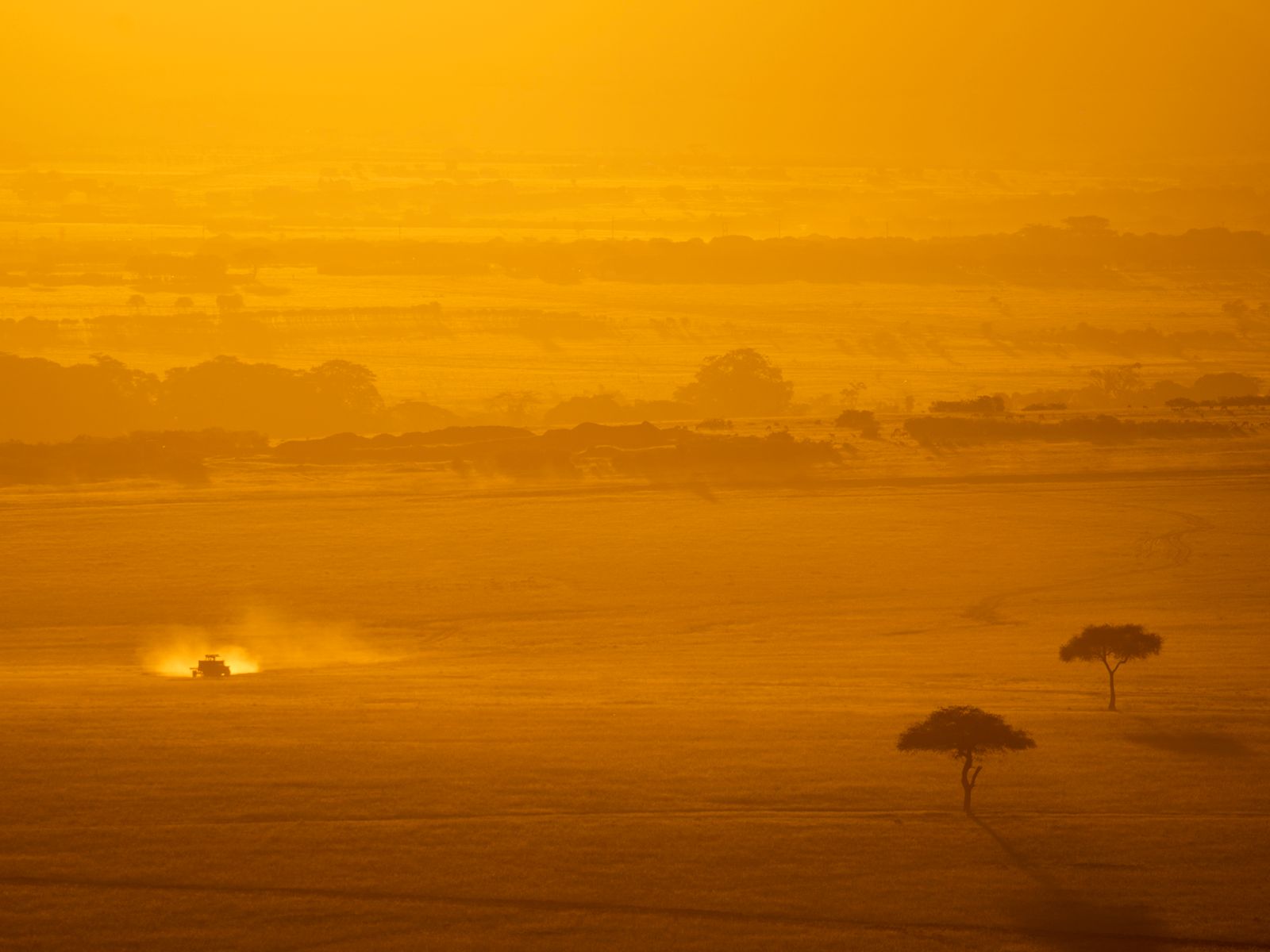 Véhicule de safari traversant la savane tanzanienne au coucher du soleil