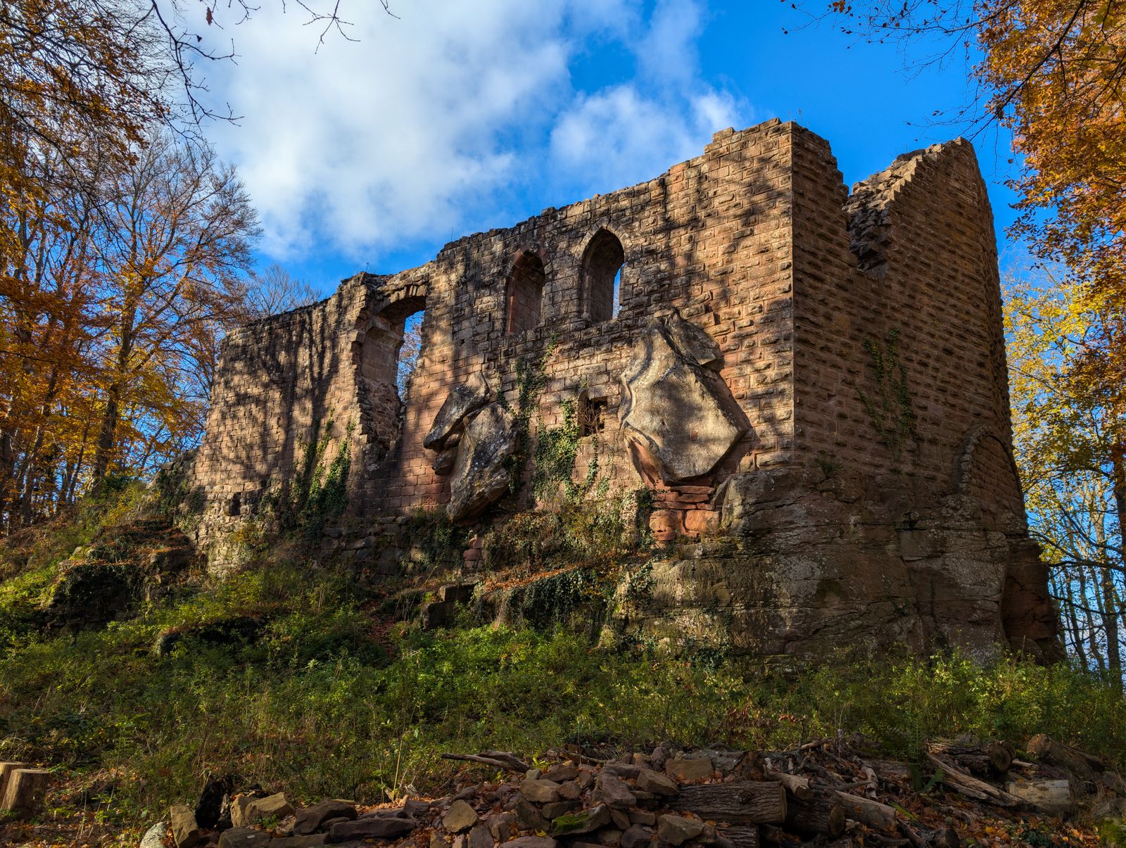 Ruines d'un château fort de grès rose dans les Vosges alsaciennes