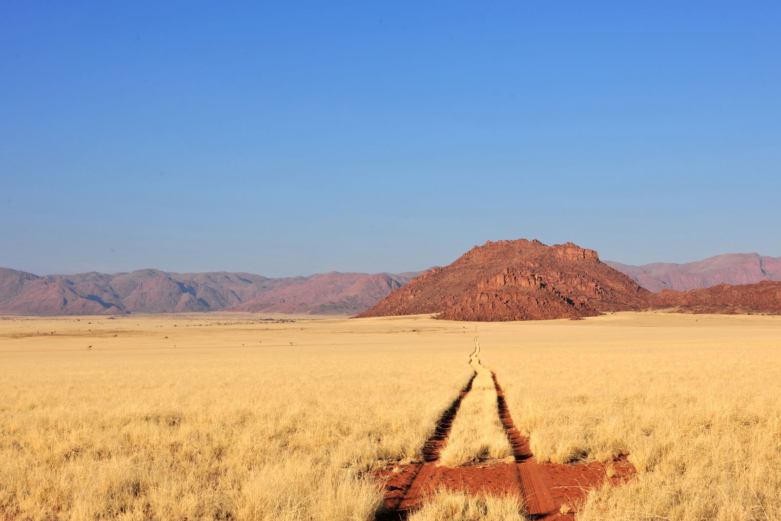 Piste traversant les plaines namibiennes vers un massif rocheux