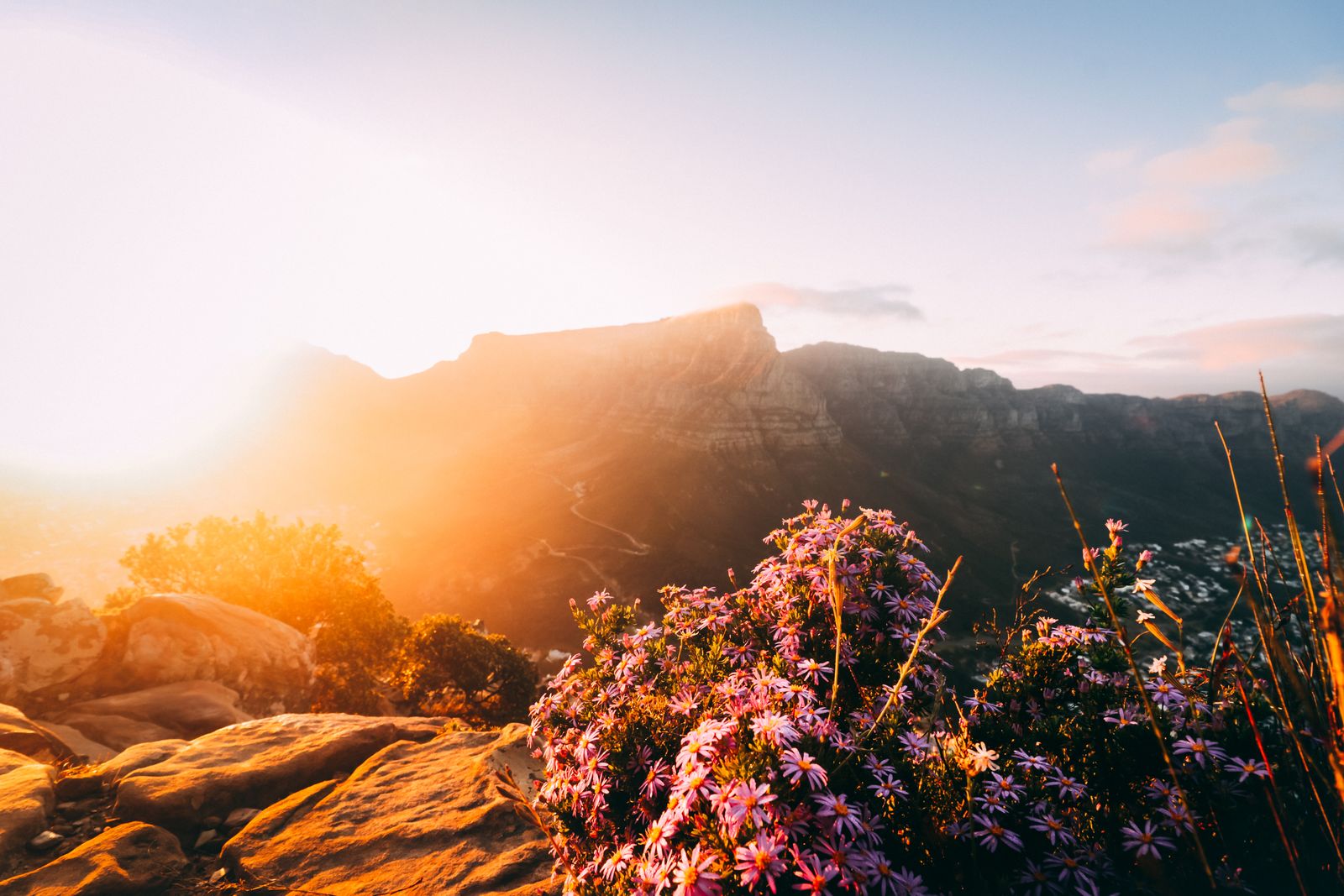 La Montagne de la Table au soleil couchant depuis les hauteurs du Cap, Afrique du Sud
