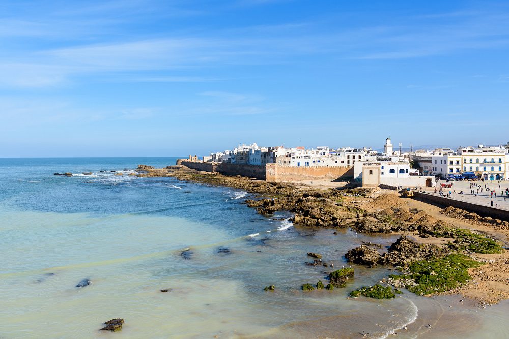 Dromadaires sur la plage d'Essaouira au coucher du soleil